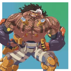Rule 34 | 1boy, abs, absurdres, bara, beard, black hair, bulge, chest tattoo, dark-skinned male, dark skin, elbow gloves, full beard, gloves, grin, highres, huge pectorals, legs apart, looking at viewer, male focus, mature male, mauga (overwatch), minatsumi, muscular, muscular male, navel, nipples, overwatch, overwatch 2, smile, solo, standing, stomach, strongman waist, sunglasses, tattoo, thick eyebrows, topless male, tribal tattoo