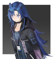 Rule 34 | 1girl, animal ears, arknights, black choker, black jacket, blue eyes, blue hair, blue shirt, border, choker, clothes writing, commentary, diamond-shaped pupils, diamond (shape), expressionless, fang (arknights), grey background, highres, horse ears, id card, jacket, long hair, open clothes, open jacket, outside border, shenjing yuan, shirt, simple background, solo, symbol-only commentary, symbol-shaped pupils, upper body, very long hair, white border