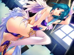 Rule 34 | 1girl, aqua hair, ass, between breasts, bikini, bra, breasts, cameltoe, cleft of venus, clione al-iman, daiteikoku, door, dutch angle, feathered wings, feathers, flower, from below, from side, frown, game cg, high heels, indoors, jewelry, leg up, looking down, medium breasts, min-naraken, necklace, out of frame, panties, pole, pole dancing, purple bikini, purple bra, purple panties, red eyes, short hair, skirt, solo, standing, standing on one leg, stripper pole, swimsuit, thighhighs, underwear, wall, white skirt, white thighhighs, window, wings