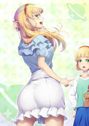 Rule 34 | 2girls, ahoge, ass, blonde hair, blouse, blue shirt, blue skirt, blunt bangs, collarbone, commentary request, frilled shirt, frills, green eyes, hairband, hand in own hair, heanna sumire, heanna sumire&#039;s sister, highres, long hair, looking at another, looking back, love live!, love live! superstar!!, multiple girls, novady, open mouth, shirt, short hair, short sleeves, siblings, sisters, skirt, smile, standing, taut clothes, taut skirt, teeth, two-tone shirt, upper teeth only, white skirt