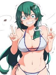 Rule 34 | 1boy, @ @, asymmetrical hair, bikini, blush, breasts, cleavage, clenched hand, cold, collarbone, commentary request, double v, frog, frog hair ornament, furorina, green eyes, green hair, hair ornament, hands up, highres, ice, kochiya sanae, large breasts, leaf, long hair, looking at viewer, navel, nose blush, side-tie bikini bottom, side ponytail, single hair tube, skindentation, snake, snake hair ornament, solo, stomach, sweat, swimsuit, touhou, trembling, turn pale, upper body, v, v-shaped eyebrows, very long hair, wavy mouth, wind