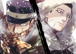 Rule 34 | 2boys, beard, black eyes, black gloves, black hair, black headwear, closed mouth, constricted pupils, covered mouth, facial hair, gloves, golden kamuy, hair slicked back, hat, highres, hood, hood up, looking at viewer, looking away, male focus, military hat, multiple boys, ogata hyakunosuke, oziozi kamuy, profile, scar, scar on face, scarf, short hair, smile, snowing, split screen, sugimoto saichi, winter clothes, yellow eyes, yellow scarf