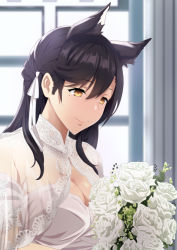 Rule 34 | 1girl, alternate costume, animal ears, atago (azur lane), azur lane, backlighting, black hair, blush, bouquet, breasts, brown eyes, cleavage, closed mouth, curtains, day, detached sleeves, dress, extra ears, flower, hair ribbon, holding, holding bouquet, indoors, large breasts, long hair, looking at hands, mole, mole under eye, moroheiya (moroheiya-works), ribbon, sidelocks, smile, solo, swept bangs, upper body, wedding dress, white dress, window