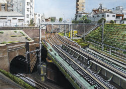 Rule 34 | 2014, building, cityscape, colored pencil (medium), dated, day, hayashi ryouta, no humans, original, outdoors, photorealistic, railroad tracks, real world location, realistic, ryota884, scenery, signature, tokyo (city), traditional media, tunnel