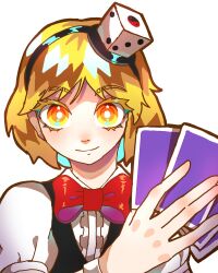 Rule 34 | 1other, black hairband, black vest, blonde hair, bow, bowtie, card, center frills, chin, closed mouth, collared shirt, colored eyelashes, commentary request, dice hair ornament, frills, hair ornament, hairband, highres, holding, holding card, korean commentary, len&#039;en, looking at viewer, other focus, playing card, puffy short sleeves, puffy sleeves, red bow, red bowtie, shirt, short hair, short sleeves, smile, solo, traditional bowtie, upper body, v-neck, vest, waiwa way, white background, white shirt, white wrist cuffs, wrist cuffs, xeno a, yellow eyes