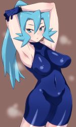 Rule 34 | 1girl, alternate color, armpits, arms up, blue eyes, blue gloves, blue hair, blush, breasts, brown background, clair (pokemon), collarbone, covered navel, cowboy shot, creatures (company), eyelashes, game freak, gloves, gym leader, hair between eyes, halterneck, high ponytail, highres, komusou (jinrikisha), large breasts, lips, long hair, looking away, looking to the side, nintendo, no bra, pokemon, pokemon gsc, shiny clothes, sideboob, simple background, skin tight, solo, standing, steam, sweat, tsurime, unitard