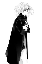 Rule 34 | 1girl, coat, crossed arms, female focus, glasses, greyscale, highres, monochrome, profile, short hair, shorts, simple background, solo, sousou (sousouworks), walking, white background