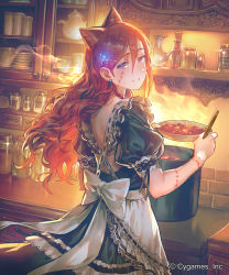 Rule 34 | 1girl, apron, black dress, bowl, brown hair, cabinet, ceres (shingeki no bahamut), company name, dress, dutch angle, earrings, food, from behind, from side, glint, hair between eyes, hair ornament, hairclip, highres, holding, holding bowl, indoors, jar, jewelry, kitchen, long hair, looking back, official art, okada manabi, parted lips, plate, pot, puffy short sleeves, puffy sleeves, purple eyes, ribbon-trimmed clothes, ribbon trim, scar, scar on face, shingeki no bahamut, short sleeves, smile, solo, sparkle, standing, stew, teapot, waist apron, watermark, white apron