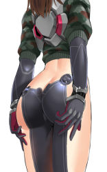 Rule 34 | 1girl, ass, black bodysuit, bodysuit, brown hair, butt crack, camouflage, from behind, hololive, long hair, roboco-san, roboco-san (1st costume), seminoyu, simple background, solo, standing, virtual youtuber, white background