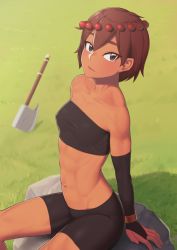 Rule 34 | 1girl, abs, ajna (indivisible), axe, bare shoulders, beads, bike shorts, black shorts, black tube top, bob cut, boulder, bracelet, bridal gauntlets, brown eyes, brown hair, closed mouth, commentary, cowboy shot, dark-skinned female, dark skin, expressionless, from above, hair between eyes, hair ornament, highres, indivisible, jewelry, looking at viewer, looking to the side, midriff, navel, putcher, short hair, shorts, sitting, solo, strapless, tube top, weapon