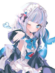 Rule 34 | 1girl, alternate costume, apron, blowing kiss, blue bow, blue eyes, blue hair, blunt bangs, bow, commentary, enmaided, fins, fish tail, gawr gura, heart, highres, hinamori (18ar0), hololive, hololive english, hood, hoodie, looking at viewer, maid, maid apron, maid headdress, medium hair, multicolored hair, one eye closed, shark tail, simple background, solo, streaked hair, tail, virtual youtuber, white background, white hair, wristband