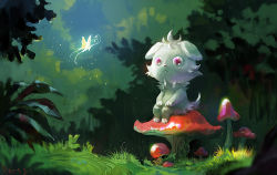 Rule 34 | bug, bush, butterfly, closed mouth, commentary request, creatures (company), espurr, frogjem, game freak, gen 6 pokemon, glowing, glowing butterfly, grass, grey fur, highres, bug, mushroom, nintendo, no humans, outdoors, parted lips, pokemon, pokemon (creature), purple eyes, signature, sitting, toes