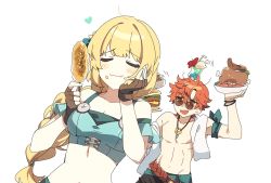 Rule 34 | 1boy, 1girl, ap bar, bikini, black male swimwear, black swim trunks, blonde hair, breasts, brown gloves, burger, cleavage, closed eyes, closed mouth, drinking straw, eating, fingerless gloves, fire emblem, fire emblem: three houses, fire emblem heroes, food, food on face, glass, gloves, holding, ingrid brandl galatea, jewelry, long hair, male swimwear, meat, necklace, nintendo, off-shoulder bikini, off shoulder, open mouth, plate, red hair, short hair, simple background, sunglasses, swim trunks, swimsuit, sylvain jose gautier, white background