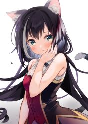 Rule 34 | 1girl, animal ear fluff, animal ears, bare arms, bare shoulders, black hair, blush, breasts, cat ears, cat girl, cat tail, green eyes, hair between eyes, highres, kanda done, karyl (princess connect!), long hair, looking at viewer, medium breasts, multicolored hair, navel, no detached sleeves, princess connect!, shirt, sleeveless, sleeveless shirt, solo, streaked hair, tail, tail raised, underwear, white hair, white shirt