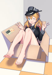 Rule 34 | 1girl, absurdres, anchor hair ornament, aqua eyes, blonde hair, box, breasts, cardboard box, corner, double v, hair ornament, hat, highres, in box, in container, kantai collection, large breasts, long hair, long sleeves, low twintails, military, military uniform, nail polish, one eye closed, peaked cap, prinz eugen (kancolle), red nails, sitting, solo, twintails, uniform, v, xiaoxi0619