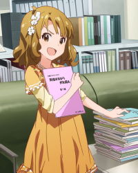 Rule 34 | &gt;:d, 10s, 1girl, :d, blue eyes, book, brown hair, flower, flower on head, hair ornament, idolmaster, idolmaster million live!, looking at viewer, official art, open mouth, short hair, smile, suou momoko, v-shaped eyebrows