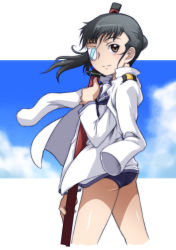 Rule 34 | 1girl, ass, black hair, brown eyes, caryo, cloud, day, eyepatch, female focus, jacket, katana, ponytail, sakamoto mio, sheath, sheathed, sky, solo, strike witches, swimsuit, swimsuit under clothes, sword, tabigarasu, uniform, weapon, white background, wind, world witches series