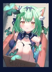 Rule 34 | 1girl, animal ear fluff, animal ears, blue bow, blue dress, blush, bow, bow hairband, box, bug, butterfly, cat ears, commentary request, dress, ghost earrings, green butterfly, green eyes, hair ornament, hairband, highres, hololive, in box, in container, insect, knees up, looking at viewer, parted lips, paw pose, red eyes, shiohana, sitting, skull hair ornament, smile, solo, translation request, uruha rushia, uruha rushia (1st costume), virtual youtuber