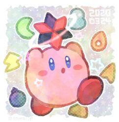 Rule 34 | arms up, blue eyes, blush stickers, bomb, border, bright pupils, crescent, doradorakingyo, explosive, holding, kirby, kirby (series), kirby 64, lightning bolt symbol, nintendo, no humans, open mouth, outline, solo, star (symbol), white border, white outline, white pupils