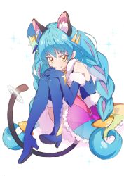Rule 34 | 1girl, absurdres, animal ear fluff, animal ears, blue gloves, blue hair, blue hat, blue legwear, braid, cat ears, cat tail, choker, closed mouth, commentary request, cure cosmo, elbow gloves, full body, gloves, hat, highres, jewelry, long hair, looking at viewer, magical girl, mini hat, multicolored clothes, multicolored skirt, orange eyes, precure, simple background, sitting, skirt, smile, solo, star twinkle precure, tail, twin braids, twintails, white background, yufu kyouko, yuni (precure)