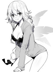 Rule 34 | 1girl, arm support, bikini, blush, breasts, cleavage, collarbone, drawstring, fate/apocrypha, fate/grand order, fate (series), front-tie bikini top, front-tie top, greyscale, hair between eyes, hood, hood down, hooded jacket, jacket, jeanne d&#039;arc (fate), jeanne d&#039;arc (ruler) (fate), jeanne d&#039;arc (swimsuit archer) (fate), jeanne d&#039;arc (swimsuit archer) (first ascension) (fate), large breasts, long hair, long sleeves, monochrome, parted lips, ririko (zhuoyandesailaer), sitting, smile, solo, swimsuit, white background