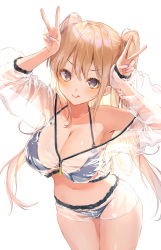Rule 34 | 1girl, :q, bad hands, bare shoulders, bikini, bikini under clothes, black bikini, blonde hair, blush, breasts, cleavage, closed mouth, collarbone, cowboy shot, harui (hr x9 ), highres, large breasts, long hair, long sleeves, looking at viewer, nail polish, navel, off shoulder, original, purple eyes, purple nails, see-through, short shorts, shorts, simple background, smile, solo, star (symbol), star in eye, stomach, swimsuit, symbol in eye, thighs, tongue, tongue out, two side up, unzipped, v-shaped eyebrows, very long hair, white background, zipper