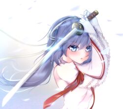 Rule 34 | 1girl, black hair, blue eyes, blurry, blush, commentary request, depth of field, dress, eyelashes, eyes visible through hair, fighting stance, floating hair, frilled sleeves, frills, from side, gattengou, gloves, hair between eyes, hair ribbon, hands up, highres, holding, holding sword, holding weapon, katana, kazamatsuri institute high school uniform, konohana lucia, long hair, long ribbon, long sleeves, looking at viewer, parted lips, ponytail, red ribbon, rewrite, ribbon, school uniform, serious, simple background, solo, sword, upper body, v-shaped eyebrows, very long hair, weapon, white background, white dress, white gloves, white ribbon, wide sleeves
