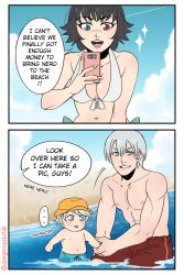 Rule 34 | 1girl, 2boys, beach, bikini, blue eyes, breasts, capcom, cleavage, dangerousbride, dante (devil may cry), devil may cry (series), heterochromia, highres, lady (devil may cry), multiple boys, navel, nero (devil may cry), red eyes, swimsuit, uncle and nephew