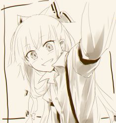 Rule 34 | 1girl, arm up, bow, breasts, commentary request, foreshortening, fujiwara no mokou, grin, hair bow, hair ribbon, highres, juliet sleeves, long hair, long sleeves, looking at viewer, monochrome, puffy sleeves, ribbon, selfie, simple background, sketch, small breasts, smile, solo, suspenders, touhou, tress ribbon, upper body, very long hair, wing collar, yukimiharu