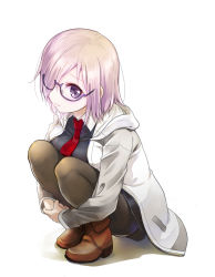 Rule 34 | 1girl, black dress, black pantyhose, boots, brown footwear, closed mouth, dress, eyelashes, fate/grand order, fate (series), from above, frown, full body, glasses, hair over one eye, hood, hooded jacket, hugging own legs, jacket, long sleeves, mash kyrielight, necktie, open clothes, open jacket, own hands together, pantyhose, purple-framed eyewear, purple eyes, purple hair, red necktie, rori chuushin, short hair, simple background, solo, squatting, white background