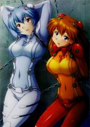 Rule 34 | 00s, 2girls, absurdres, alternate breast size, arms behind head, arms up, ayanami rei, bdsm, blue eyes, blue hair, blush, bondage, bound, breasts, chain, evangelion: 2.0 you can (not) advance, highres, hip focus, large breasts, legs, long hair, looking at viewer, multiple girls, neon genesis evangelion, open mouth, orange hair, plugsuit, rebuild of evangelion, red eyes, short hair, souryuu asuka langley, standing, tears, test plugsuit, uninigumi, wall