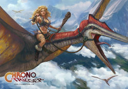 Rule 34 | 1990s (style), 1girl, ayla (chrono trigger), blonde hair, blue eyes, breasts, chrono (series), chrono trigger, cleavage, cloud, club (weapon), copyright name, curly hair, day, dinosaur, dinosaur riding, large breasts, long hair, mace, mountain, prehistoric animal, pterosaur, retro artstyle, riding, sky, solo, square enix, tyler edlin, weapon