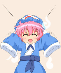 Rule 34 | 1girl, aged down, bad id, bad pixiv id, blue dress, blush, child, closed eyes, dress, female focus, hat, kokujuuji, long sleeves, open mouth, outstretched arms, oversized clothes, pink hair, saigyouji yuyuko, sash, short hair, smile, solo, touhou, triangular headpiece