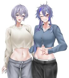Rule 34 | 2girls, :d, azur lane, black pants, breasts, cellphone, character request, commentary request, cowboy shot, crop top, crop top overhang, grey eyes, grey hair, grey pants, grey shirt, grin, hair between eyes, highres, holding, holding phone, jakqbigone, large breasts, long hair, long sleeves, looking at viewer, midriff, multiple girls, nail polish, navel, one eye closed, open mouth, pants, phone, pink eyes, purple nails, shirt, short hair, simple background, smartphone, smile, standing, stomach, very long hair, w, white background
