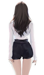 Rule 34 | 1girl, absurdres, black hair, highres, long hair, looking at viewer, original, pink eyes, see-through, shirt, short shorts, shorts, solo, spider apple, straight hair, white background, white shirt