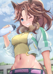 Rule 34 | 1girl, absurdres, animal ears, blue eyes, blue sky, blush, bottle, breasts, brown hair, cloud, commentary request, cowboy shot, crop top, cropped jacket, day, ear ornament, fur-trimmed jacket, fur trim, green skirt, grin, groin, hair between eyes, highres, holding, holding bottle, horse ears, horse girl, horse tail, jacket, long hair, looking at viewer, medium breasts, mejiro palmer (umamusume), midriff, multicolored hair, navel, one eye closed, open clothes, open jacket, open mouth, outdoors, ponytail, shirt, shuten (shutehaan), sidelocks, skirt, sky, smile, solo, standing, steam, streaked hair, sweat, tail, teeth, umamusume, water bottle, white hair, white jacket, wink, yellow shirt
