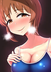 Rule 34 | 1girl, blush, breasts, brown eyes, brown hair, cleavage, girls und panzer, hand on own chest, highres, large breasts, looking at viewer, mugen mousou, naughty face, nishizumi miho, one-piece swimsuit, short hair, solo, swimsuit, upper body