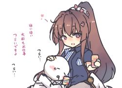 Rule 34 | 1boy, 1girl, admiral (kancolle), alternate costume, blush, brown hair, can, cherry blossoms, drink, drunk, employee uniform, flower, hair flower, hair ornament, hand on another&#039;s head, hat, headpat, holding, holding can, kantai collection, lawson, long hair, looking at another, lying, military, military uniform, nakadori (movgnsk), naval uniform, open mouth, peaked cap, ponytail, shirt, simple background, smile, striped clothes, striped shirt, translation request, uniform, vertical-striped clothes, vertical-striped shirt, white background, yamato (kancolle)