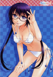Rule 34 | 1girl, absurdres, adjusting eyewear, bare shoulders, bikini, breasts, cleavage, crease, front-tie top, ginta, glasses, hand on own knee, highres, large breasts, leaning forward, long hair, miyama ai, mouth hold, navel, purple eyes, purple hair, scan, side-tie bikini bottom, smile, sugar+spice!, sugar + spice, swimsuit, twintails, underboob, undressing, white bikini