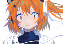 Rule 34 | 1girl, = (9 yawbus), a.i. voice, adachi rei, blue shirt, blush, closed mouth, commentary, drawstring, english commentary, floating hair, hair ribbon, headlamp, headset, highres, jacket, looking at viewer, one side up, orange eyes, orange hair, portrait, ribbon, shirt, short hair, simple background, smile, solo, utau, white background, white jacket, white ribbon
