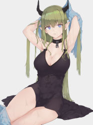 Rule 34 | 1girl, absurdres, armpits, black bow, blue eyes, bow, breasts, chain, cleavage, collar, collarbone, dress, drying, earrings, gown, grain, green eyes, highres, horns, jewelry, large breasts, looking at viewer, navel, original, parted lips, pointy ears, see-through, simple background, sitting, solo, towel, wet