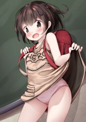 Rule 34 | 1girl, backpack, bag, bare arms, bare shoulders, blush, breasts, brown dress, brown eyes, brown hair, cat hair ornament, chalkboard, clothes lift, clothes writing, commentary request, dress, dress lift, hair ornament, hairclip, highres, lifting own clothes, looking at viewer, mochiyuki, one side up, open mouth, original, panties, randoseru, sleeveless, sleeveless dress, small breasts, solo, standing, underwear, white panties