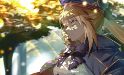 Rule 34 | 1girl, artoria caster (fate), artoria pendragon (fate), blonde hair, dappled sunlight, fate (series), green eyes, highres, shaded face, smile, solo, sunlight, to 99, tokutoku alone, tree
