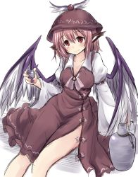 Rule 34 | 1girl, absurdres, animal ears, bird ears, bird wings, blush, breasts, brown dress, brown headwear, cleavage, closed mouth, collarbone, cup, dress, feet out of frame, fingernails, hair between eyes, highres, holding, holding cup, juliet sleeves, kokutou nikke, long fingernails, long sleeves, medium breasts, mystia lorelei, nail polish, one-hour drawing challenge, pink hair, puffy sleeves, purple nails, red eyes, sharp fingernails, short hair, smile, solo, touhou, white wings, wide sleeves, winged hat, wings