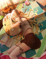 Rule 34 | 1girl, blonde hair, book, book stack, bow, candy, catcan, cookie, cup, digital media player, closed eyes, food, hair bow, hair ribbon, highres, ipod, lollipop, long hair, lying, midriff, navel, on side, pillow, pleated skirt, ribbon, rug, shade, skirt, sleeping, solo, thighhighs, white thighhighs, wrapped candy, zettai ryouiki