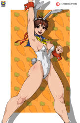 Rule 34 | 1girl, absurdres, adapted costume, animal ears, arm up, armpits, blue sailor collar, breasts, brown eyes, brown hair, carrot background, clenched hands, commentary, covered navel, detached collar, english commentary, fake animal ears, fake tail, feet out of frame, fist pump, gluteal fold, headband, highleg, highleg leotard, highres, kasugano sakura, kyoffie, leotard, looking at viewer, medium breasts, open mouth, playboy bunny, rabbit ears, rabbit tail, red headband, red lips, sailor collar, short hair, solo, standing, strapless, strapless leotard, street fighter, street fighter zero (series), tail, thick thighs, thighs, toned, white leotard, wrist cuffs