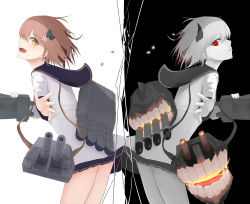 Rule 34 | 2girls, abyssal ship, adapted turret, binoculars, black background, black sailor collar, blue sailor collar, brown hair, colored skin, commentary request, dark persona, dress, flower, from side, hair between eyes, hair flower, hair ornament, headgear, highres, kantai collection, medium hair, multiple girls, orange eyes, red eyes, sailor collar, sailor dress, symmetry, torpedo launcher, white background, white hair, white skin, yuki 4040, yukikaze (kancolle)