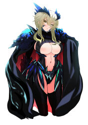 Rule 34 | 1girl, absurdres, armor, artoria pendragon (fate), artoria pendragon (lancer alter) (fate), black bodysuit, black cape, blonde hair, blush, bodysuit, braid, breasts, cape, center opening, cleavage, cloak, clothing cutout, fate/grand order, fate (series), faulds, hey taisyou, highres, horns, large breasts, looking at viewer, pauldrons, ribbed bodysuit, shoulder armor, sidelocks, simple background, solo, underboob, white background, yellow eyes