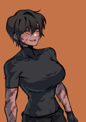 Rule 34 | 1girl, black hair, blush, breasts, commentary, covered navel, dark-skinned female, dark skin, getsome, highres, large breasts, open mouth, orange background, original, scar, scar on arm, scar on face, shirt, short hair, short sleeves, skin tight, smile, solo, sweat, t-shirt, yellow eyes