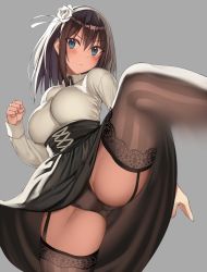 Rule 34 | 1girl, ass, black panties, black skirt, black thighhighs, blue eyes, blush, breasts, brown hair, brown thighhighs, clenched hand, closed mouth, collared shirt, commentary request, corset, garter straps, grey background, hair between eyes, hairband, high-waist skirt, highres, kicking, kureha (ironika), large breasts, long hair, long sleeves, looking at viewer, meme attire, motion blur, original, panties, pantyshot, shirt, simple background, skirt, solo, striped clothes, striped thighhighs, thighhighs, thighs, tsubasa (kureha), underbust, underwear, virgin killer outfit, white shirt